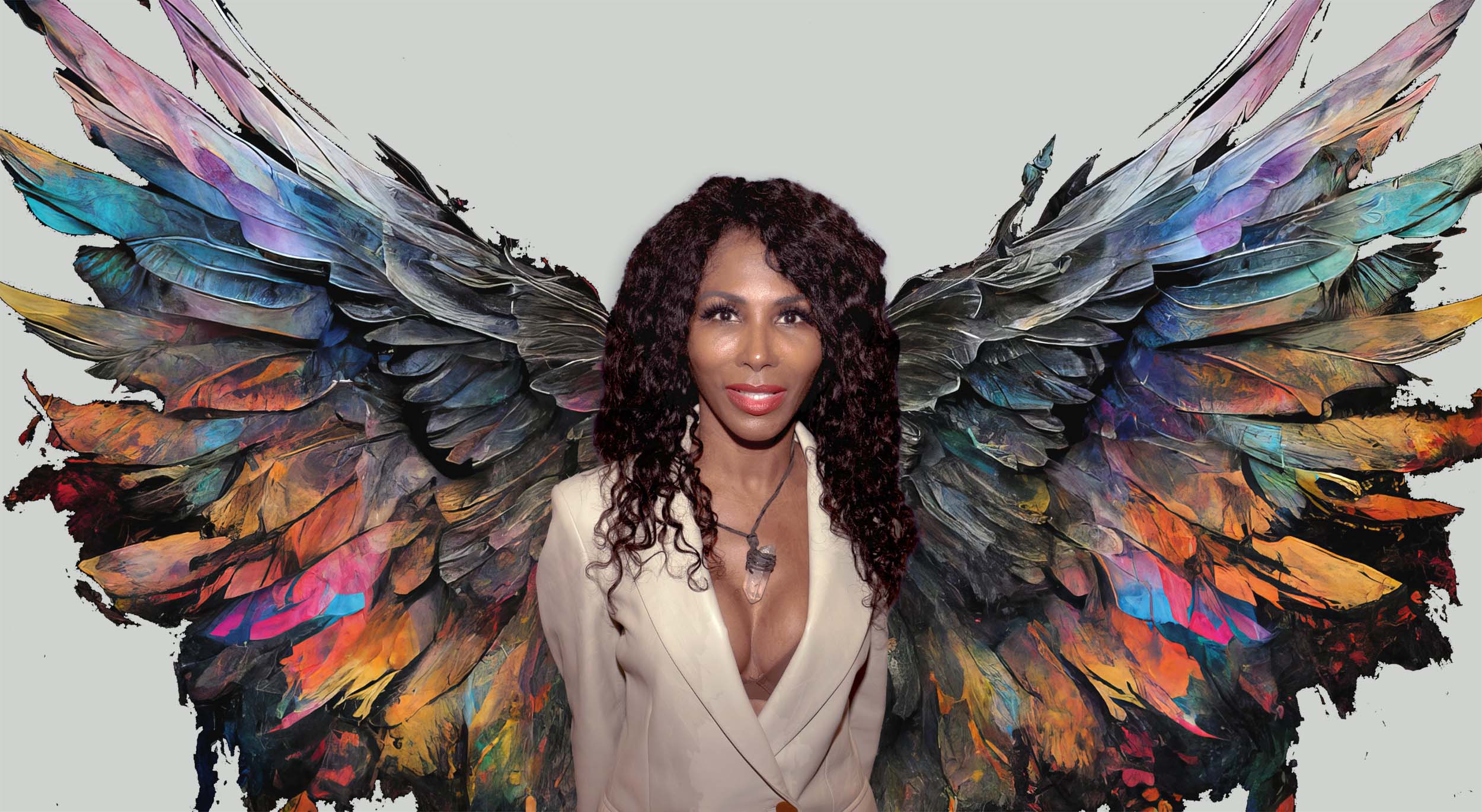 sinitta stood in front of colourful angel wings