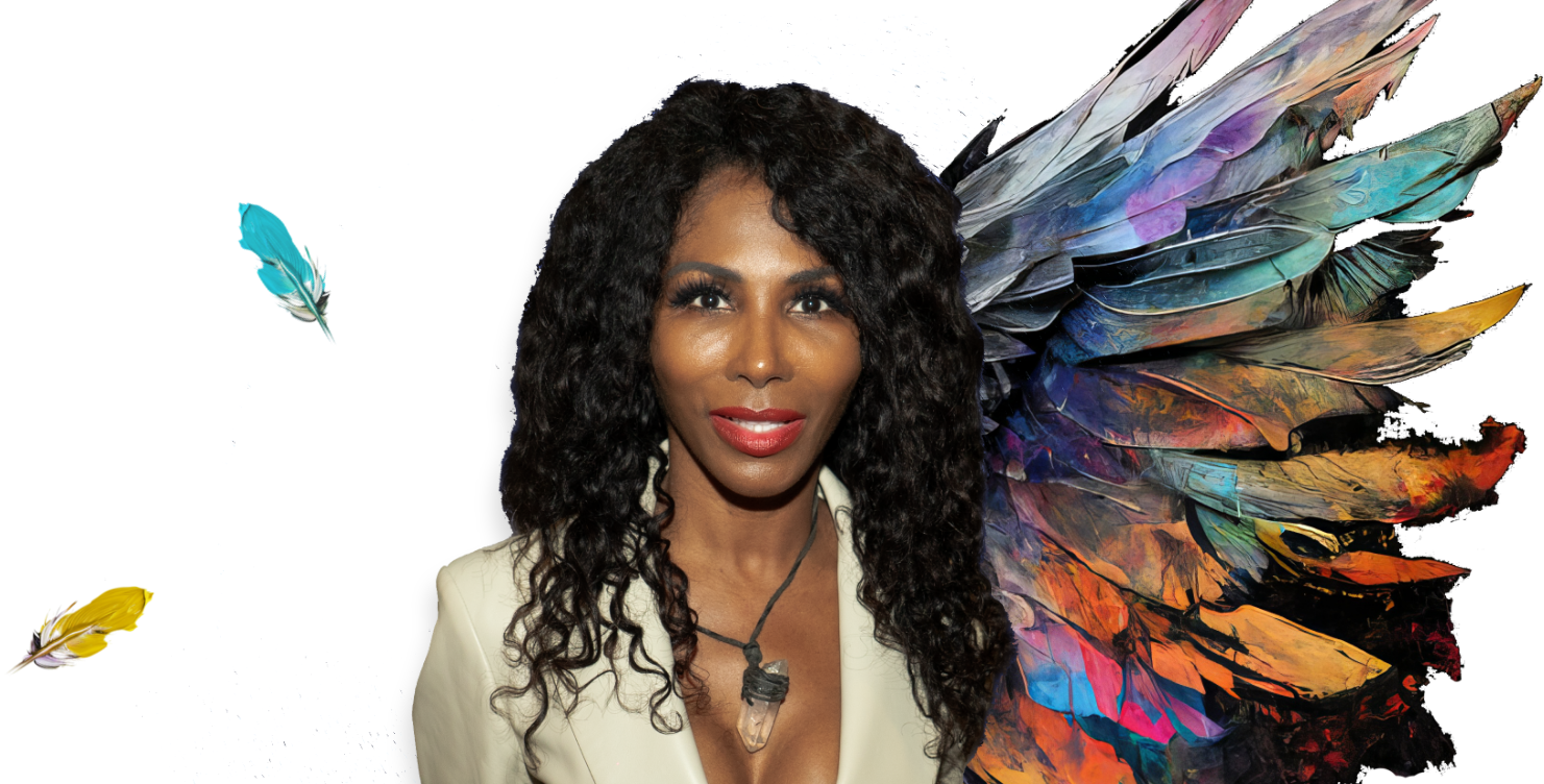 Sinitta headshot with angel wings on right side