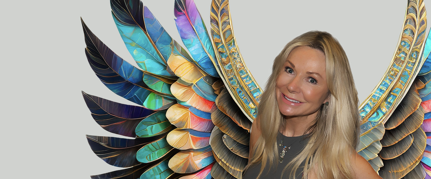 Heather in front of angel wings