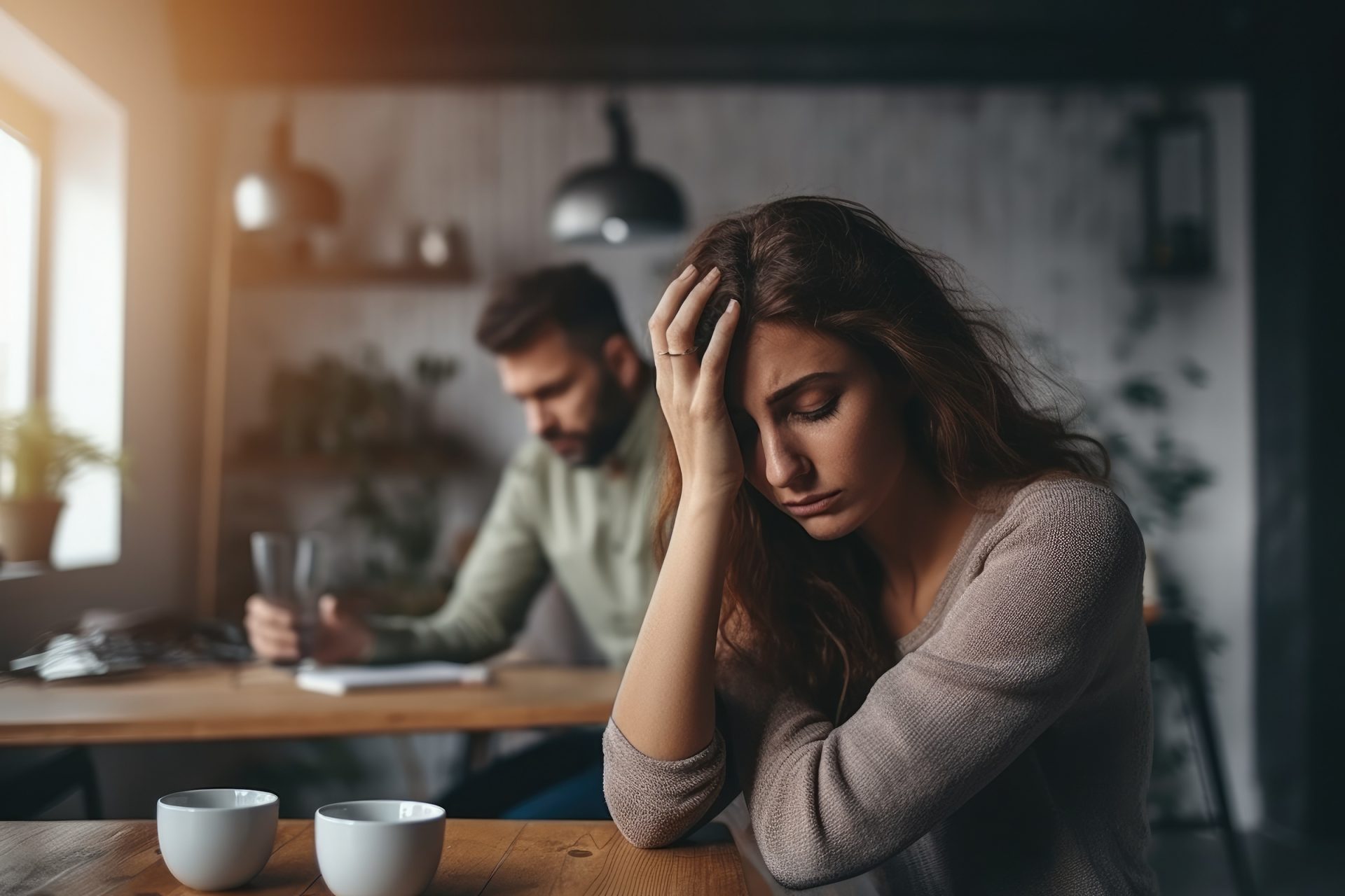 Woman and frustrated man in depression