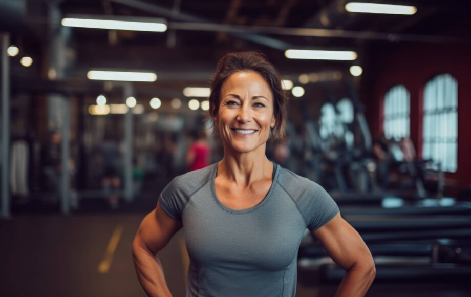 woman in her 40s showing off a lightweight base layer over dynamic fitness gym background