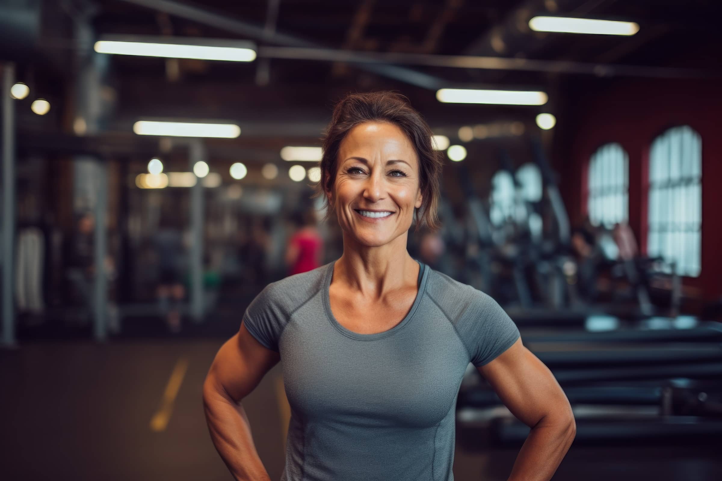 woman in her 40s showing off a lightweight base layer over dynamic fitness gym background