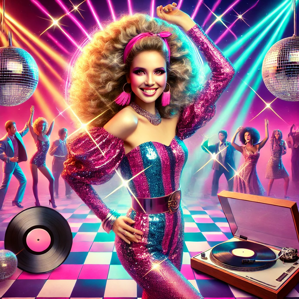 A vibrant retro-inspired 80s disco scene with colorful neon lights, vinyl records, and a checkered dance floor. In the center, a stylish woman in a sp