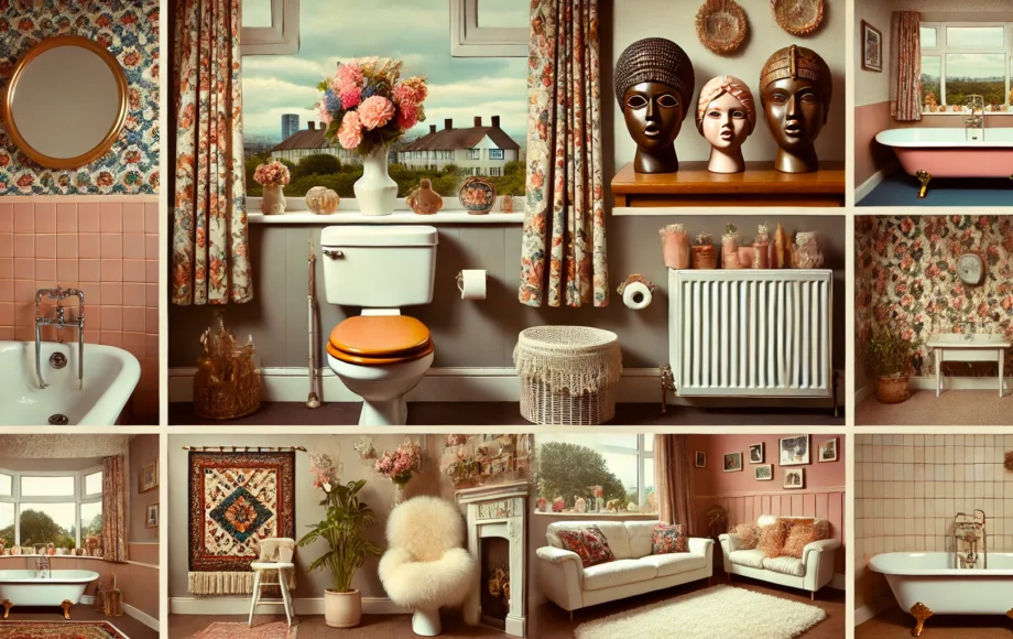 A wide collage featuring uncool home decor trends in a modern British home. The image shows a brown, avocado, or salmon pink colored bathroom suite,