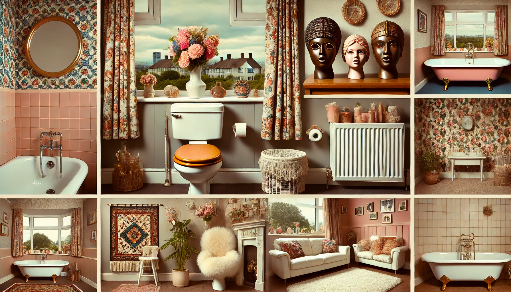 A wide collage featuring uncool home decor trends in a modern British home. The image shows a brown, avocado, or salmon pink colored bathroom suite,