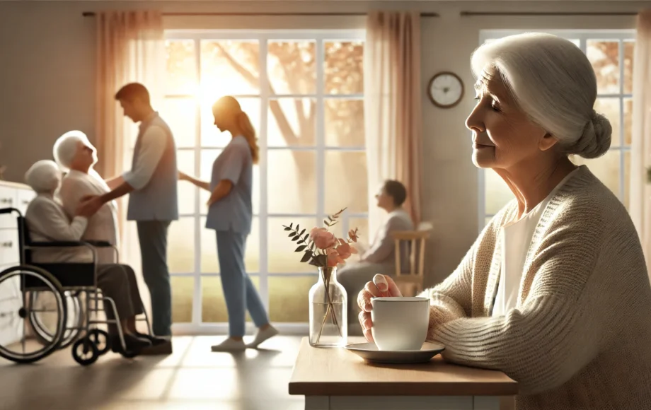 The image shows a serene elderly woman sitting by a window