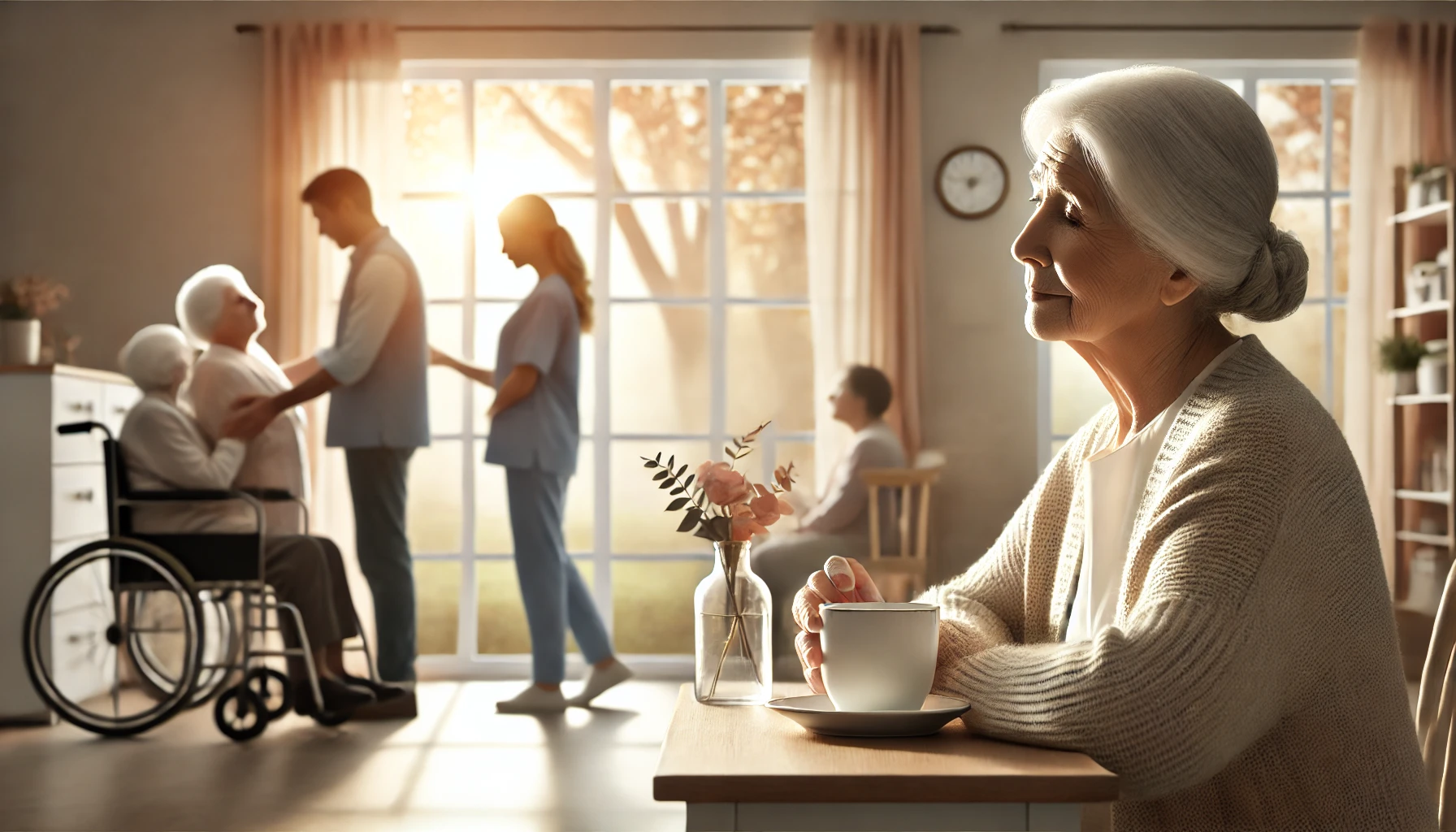 The image shows a serene elderly woman sitting by a window