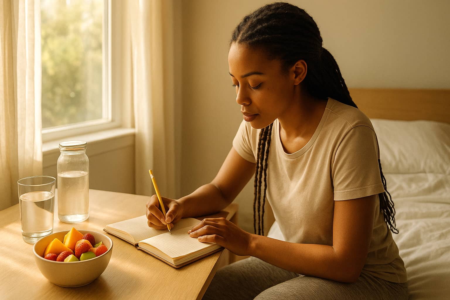 Person sits writing in journal